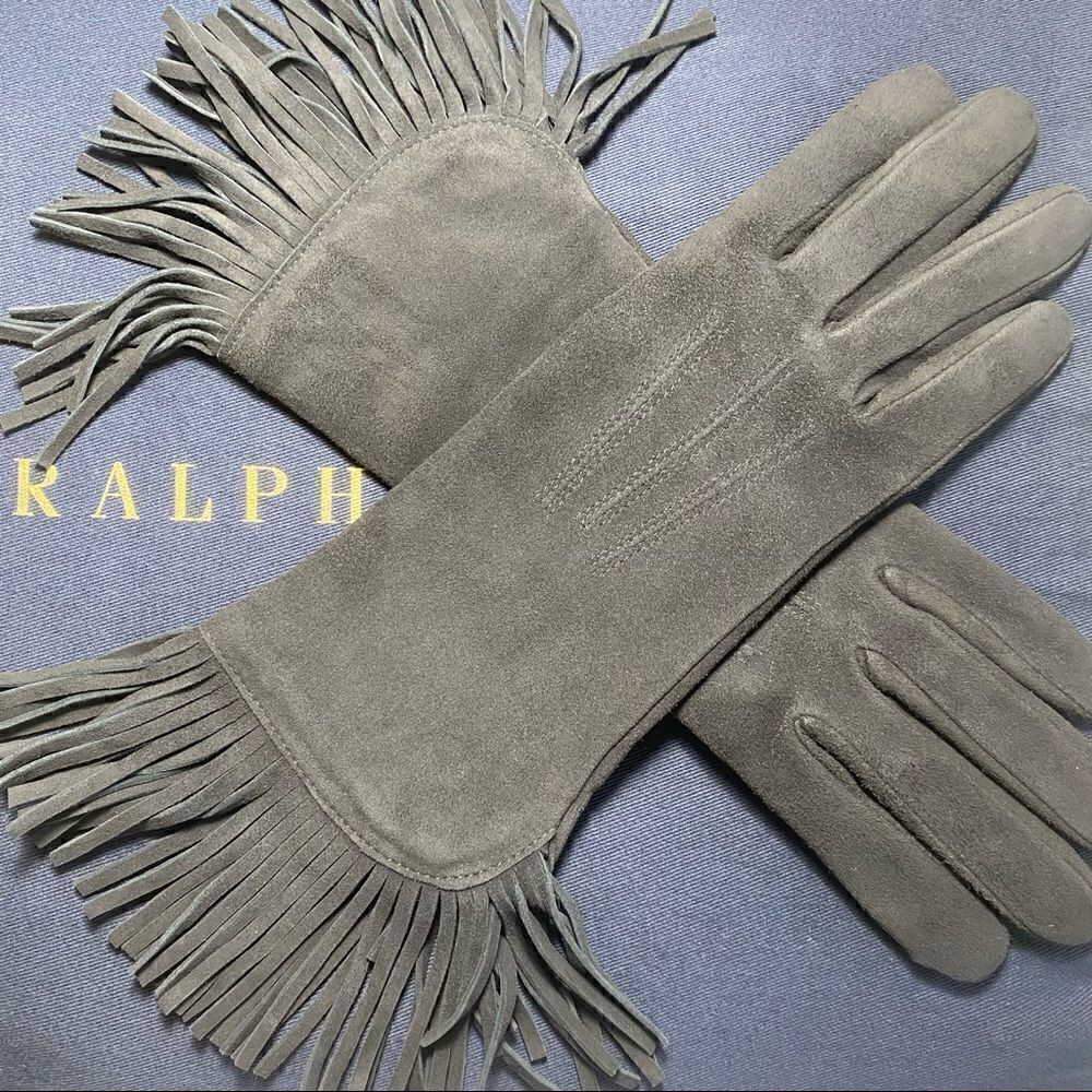 *Ralph Lauren Collection Black Cashmere Lined Lamb Suede Fringe Trimmed Gloves - Picture 2 of 16